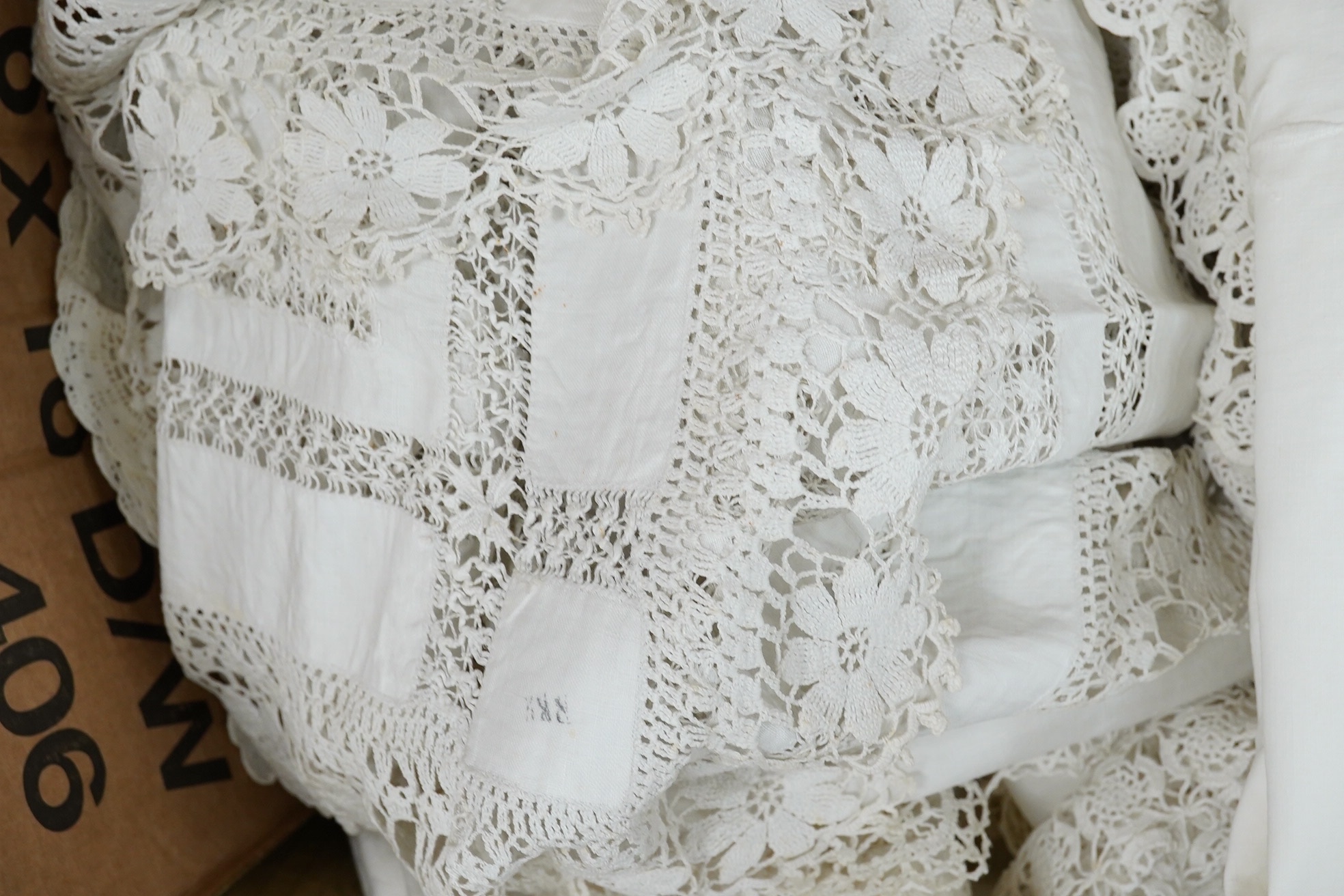 A collection of crochet, embroidered and damask linen table cloths and napkins, Condition - good, some may need re-laundering